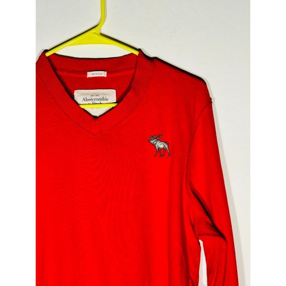 Abercrombie & Fitch Men’s Red V-Neck T-shirt Muscle Fit Long Sleeve Moose Logo - Picture 2 of 5